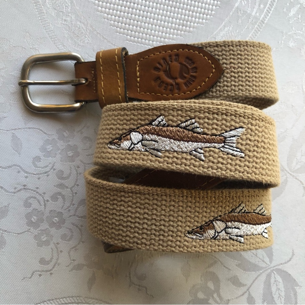 Ocean Rider Retro Vintage Embroidered Fish Canvas/Leather Trim Web Belt Men’s 38